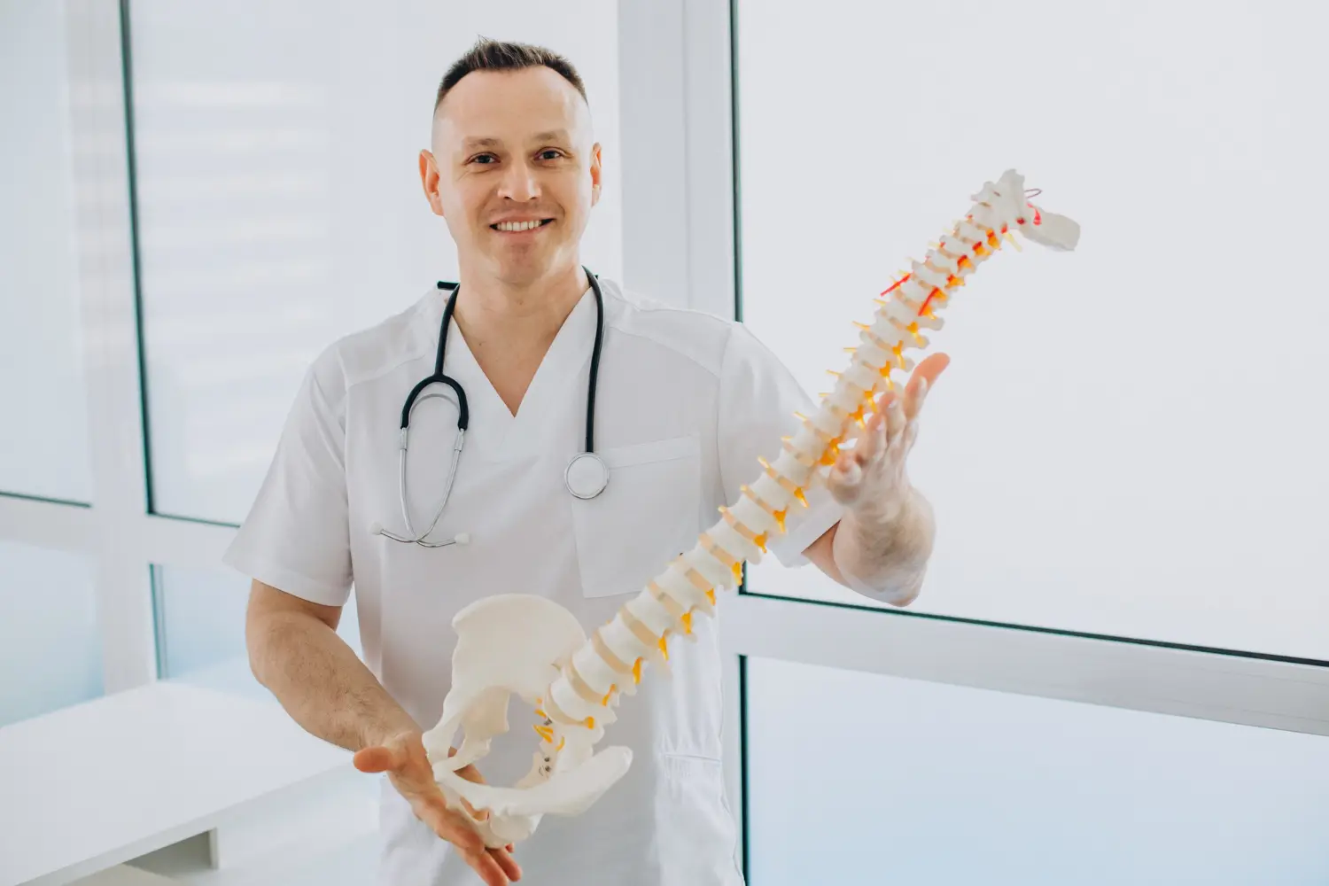 Smiling doctor in white scrubs holds a model of the human spine near a window.