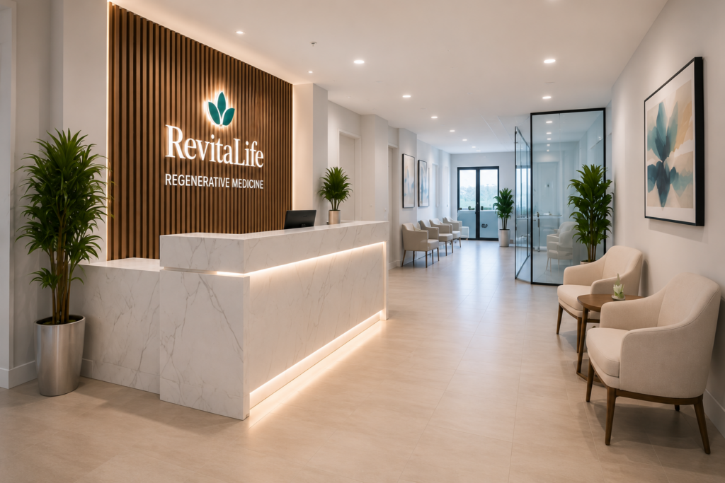 Reception area of RevitaLife clinic with a wood front desk, marble counter, beige seating, and a waterfront city view through floor-to-ceiling windows.
